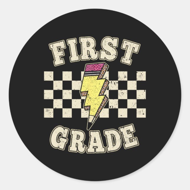 Retro 1st First Grade Teacher Lightning Bolt Penci Runder Aufkleber (Vorderseite)