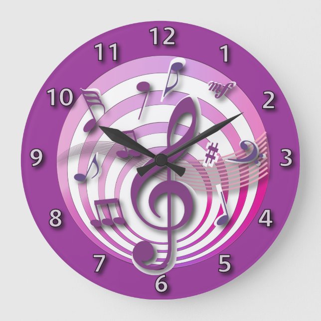 Retro 3D Effect Pink Musical Notes Große Wanduhr (Vorderseite)