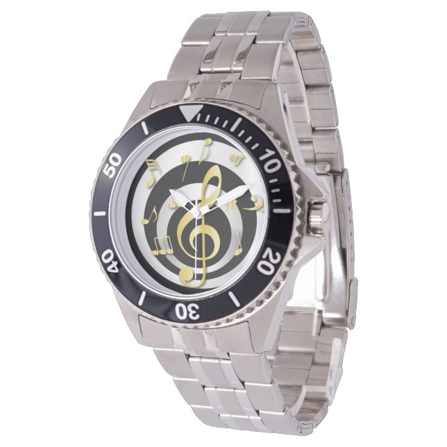 Retro-3D-Effekt Gold- und Silbermusik Armbanduhr (Schrägansicht)