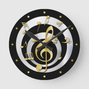 Retro-3D-Effekt Gold- und Silbermusiknoten Runde Wanduhr