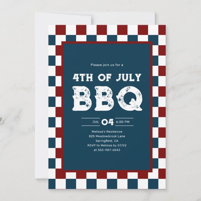 Retro 4. Juli BBQ-Party Kariert  Einladung (Vorderseite)