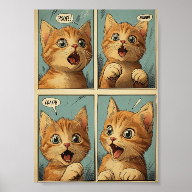 Retro-4-Panel-Comicstrip-Gingermädchen-Katzenkunst Poster (Vorne)