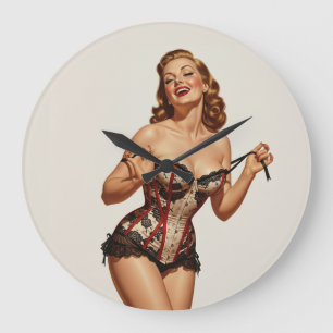 Retro 50er Button-Up Beauty Große Wanduhr