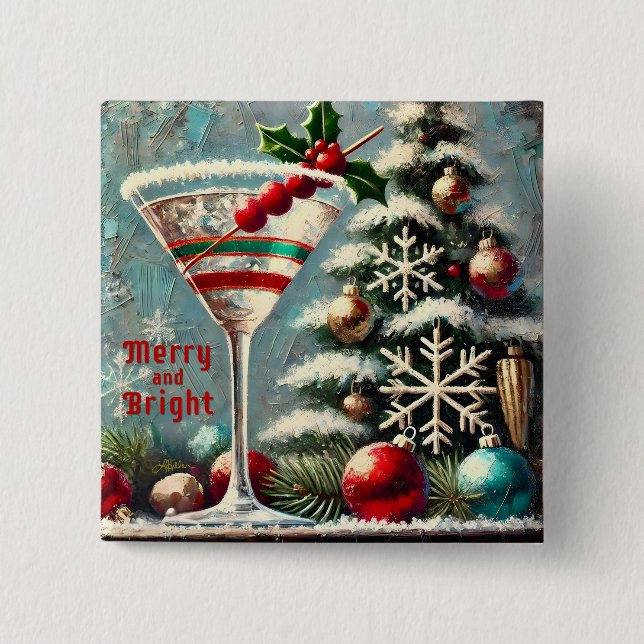 Retro 50er Cranberry Snowflake Weihnachten Martini Button (Vorderseite)
