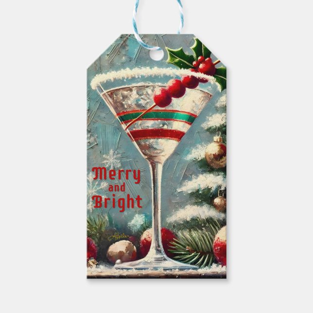 Retro 50er Cranberry Snowflake Weihnachten Martini Geschenkanhänger (Vorderseite)