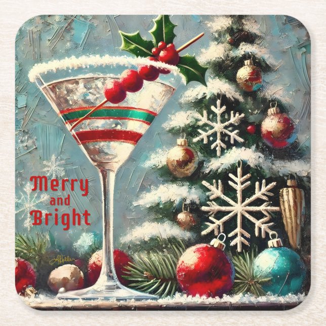 Retro 50er Cranberry Snowflake Weihnachten Martini Rechteckiger Pappuntersetzer (Vorderseite)