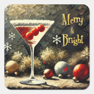 Retro 50er Dreifach-Preiselbeer-Weihnachts-Martini Quadratischer Aufkleber