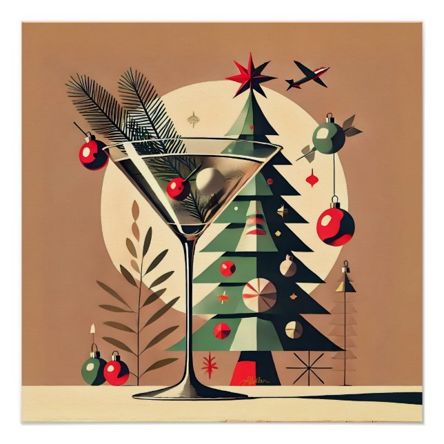 Retro 50er Jet Set Weihnachtsbaum Martini Poster (Vorderseite)