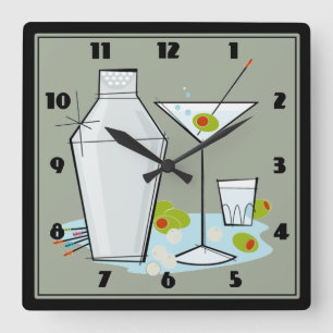 Retro 50er Martini-Cocktail-Zeit-Mitte des Quadratische Wanduhr