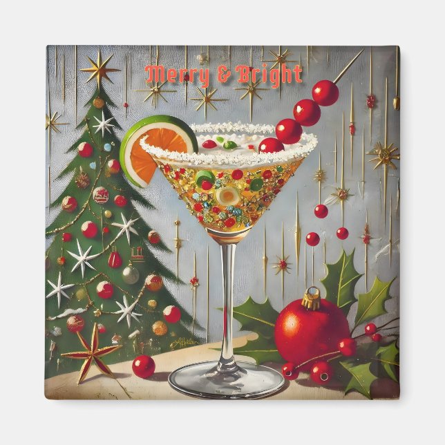 Retro 50er Merry Bright Christmas Candy Cocktail Magnet (Vorne)