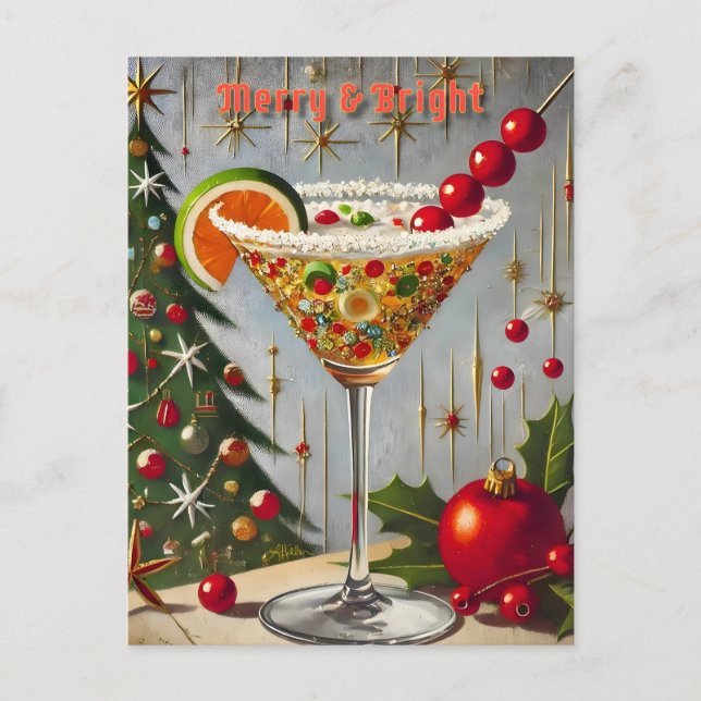 Retro 50er Merry Bright Christmas Candy Cocktail Postkarte (Vorderseite)