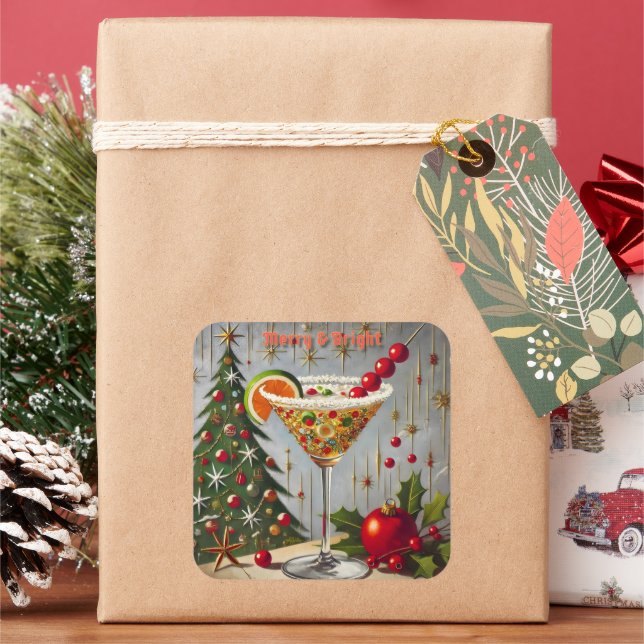 Retro 50er Merry Bright Christmas Candy Cocktail Quadratischer Aufkleber (Feiertag)