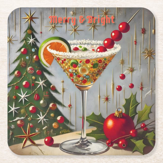 Retro 50er Merry Bright Christmas Candy Cocktail Rechteckiger Pappuntersetzer (Vorderseite)