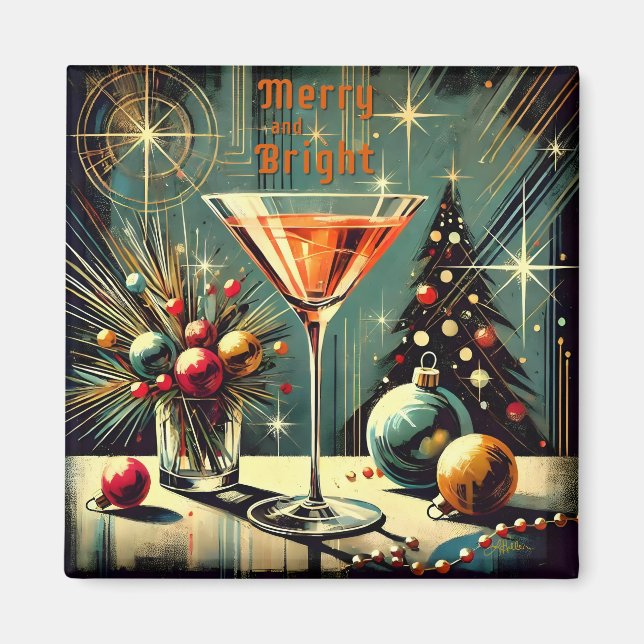 Retro 50er Merry & Bright Christmas Martini Magnet (Vorne)