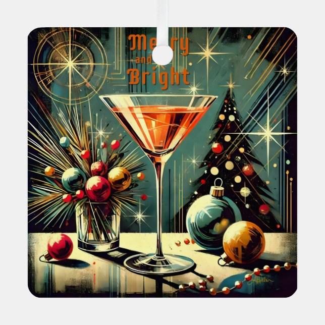 Retro 50er Merry & Bright Christmas Martini Ornament Aus Metall (Vorderseite)