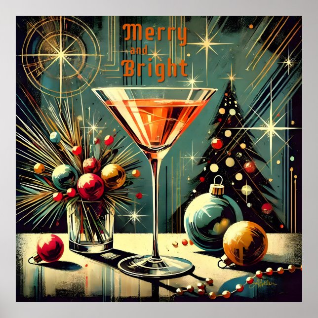 Retro 50er Merry & Bright Christmas Martini Poster (Vorne)