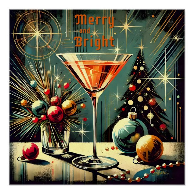 Retro 50er Merry & Bright Christmas Martini Poster (Vorderseite)
