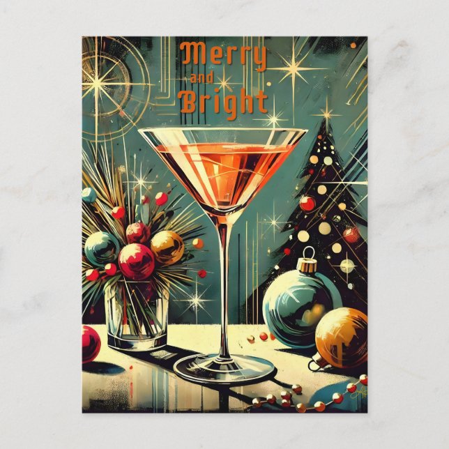 Retro 50er Merry & Bright Christmas Martini Postkarte (Vorderseite)