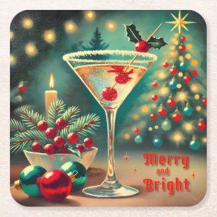 Retro 50er Merry Bright Weihnachts Cocktail Martin Rechteckiger Pappuntersetzer