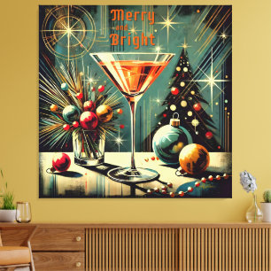 Retro 50er Merry & Bright Weihnachts-Martini Leinwanddruck