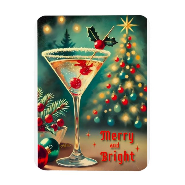Retro 50er Merry Bright Weihnachtscocktail Martini Magnet (Vertikal)