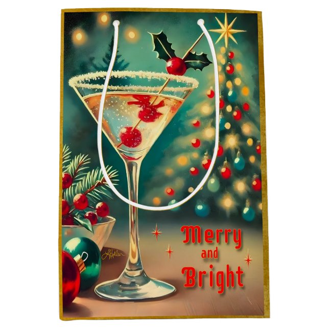 Retro 50er Merry Bright Weihnachtscocktail Martini Mittlere Geschenktüte (Vorderseite)