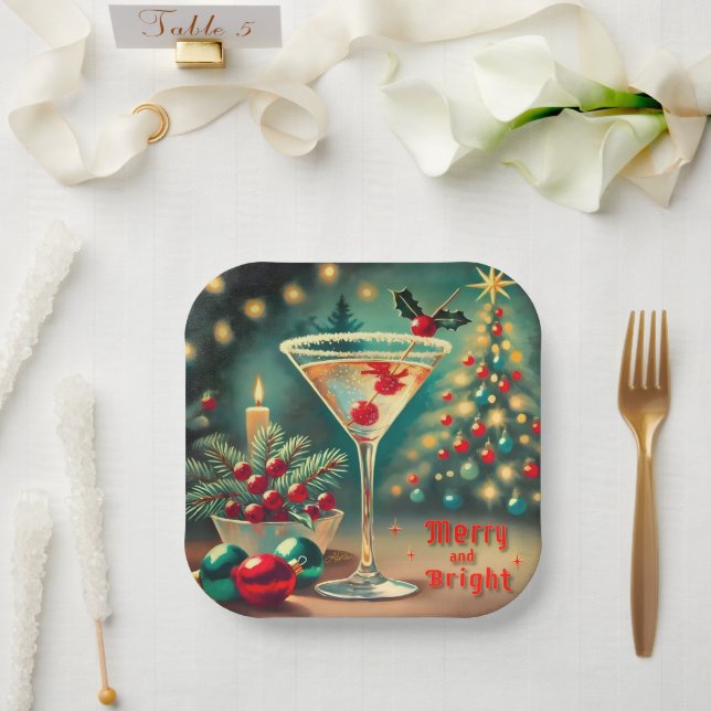 Retro 50er Merry Bright Weihnachtscocktail Martini Pappteller (Hochzeit)