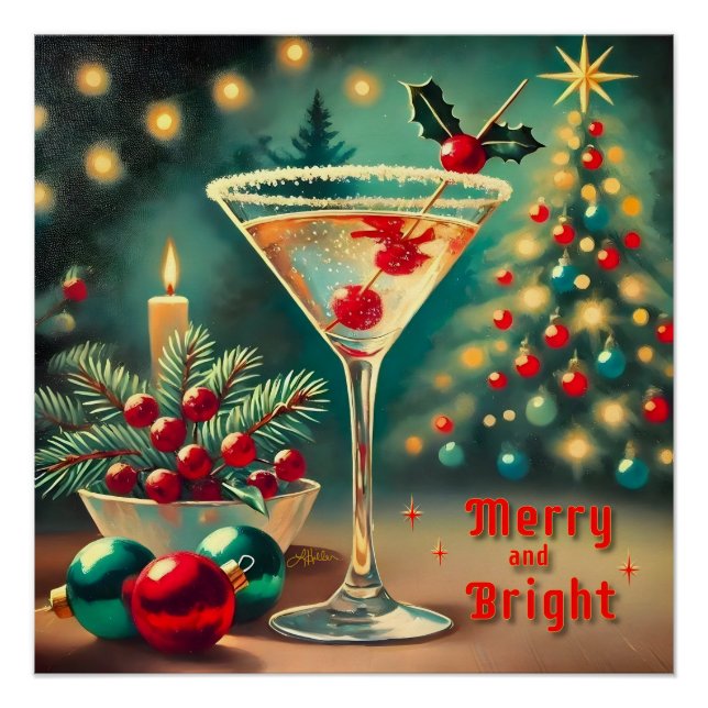 Retro 50er Merry Bright Weihnachtscocktail Martini Poster (Vorderseite)