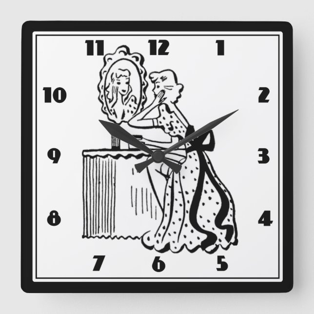Retro 50er Mitte des Jahrhunderts Moderne Ladys Bo Quadratische Wanduhr (Vorderseite)