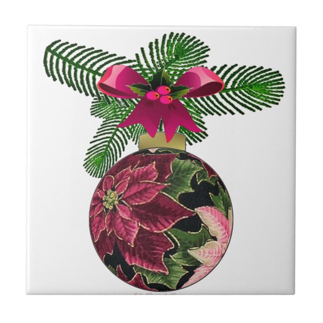 Retro 50er Poinsettia Burgund Ornament Fliese (Vorderseite)