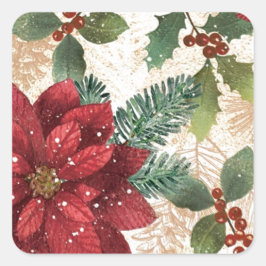 Retro 50er Poinsettia Rote Grüne Creme Quadratischer Aufkleber