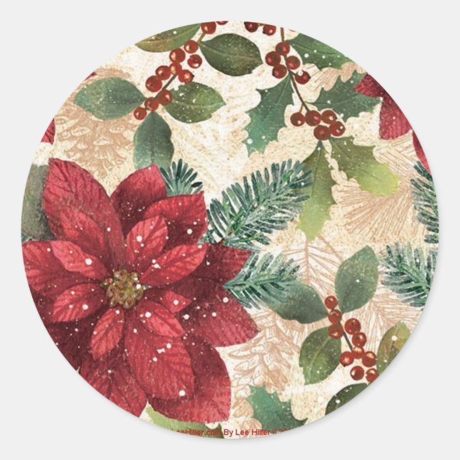 Retro 50er Poinsettia Rote Grüne Creme Runder Aufkleber (Vorderseite)