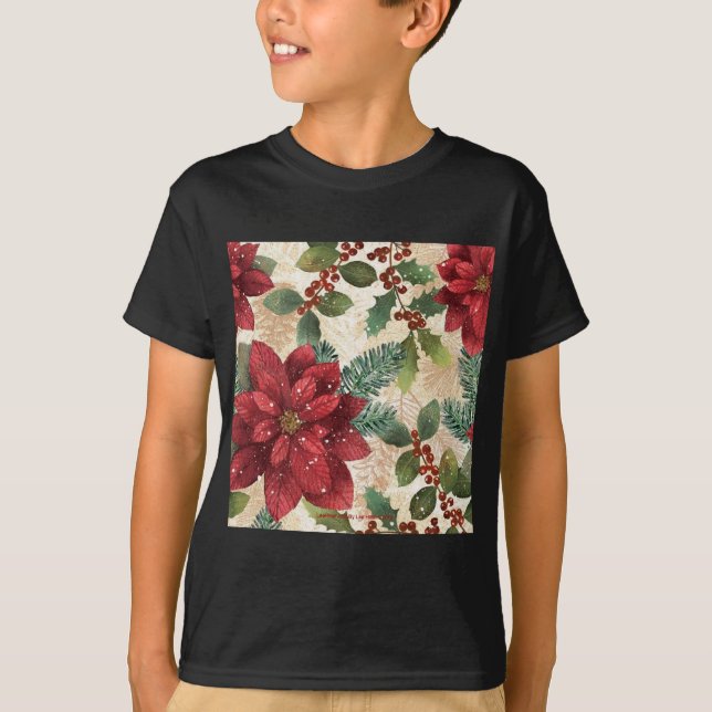 Retro 50er Poinsettia Rote Grüne Creme T-Shirt (Vorderseite)