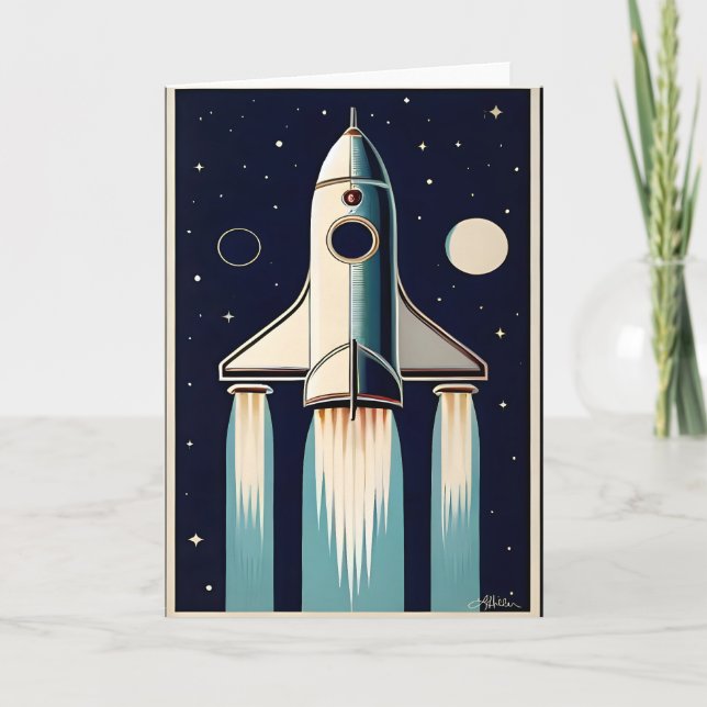 Retro-50er-Raketenschiff im Weltraumalter Karte (Vorderseite)