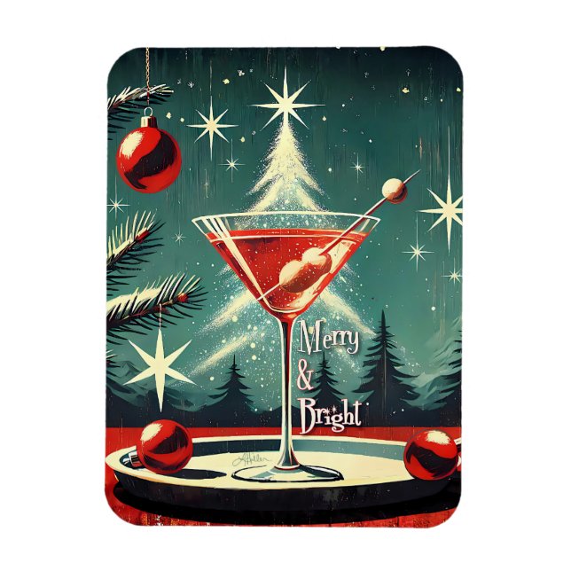Retro 50er Schneeflocken-Weihnachtsbaum Martini Magnet (Vertikal)