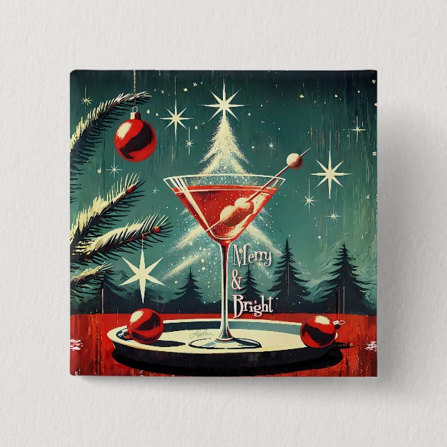 Retro 50er Schneegestöber-Christbaum-Martini Button (Vorderseite)