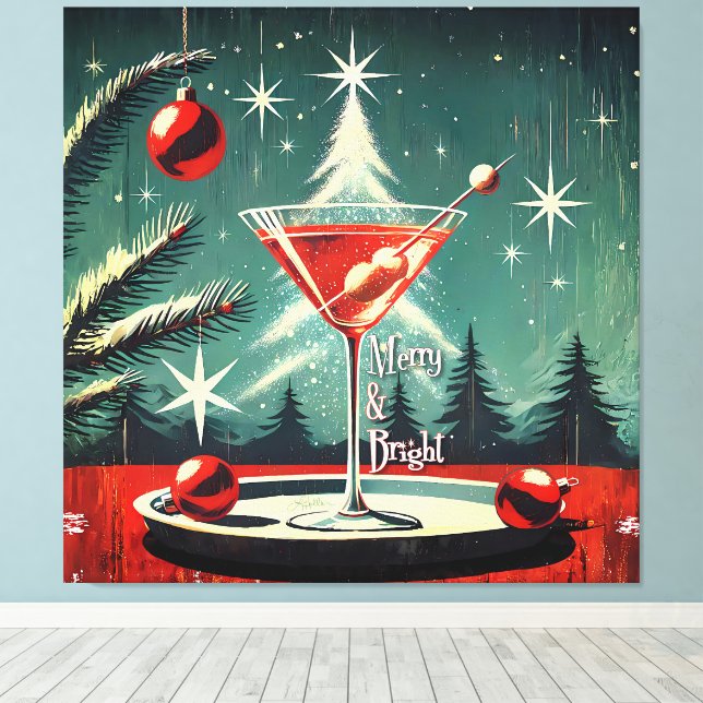 Retro 50er Schneegestöber-Christbaum-Martini Leinwanddruck (Insitu (Holzboden))