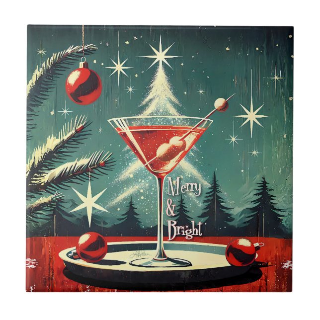 Retro 50er Schneegestöber Weihnachtsbaum Martini Fliese (Vorderseite)