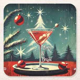 Retro 50er Schneegestöber Weihnachtsbaum Martini Rechteckiger Pappuntersetzer