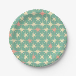Retro 50er Star Muster Aquamarin Minze Rosa Creme Pappteller