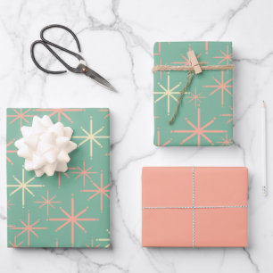 Retro-50er-Sternexplosionen in Minze und Blush Geschenkpapier Set