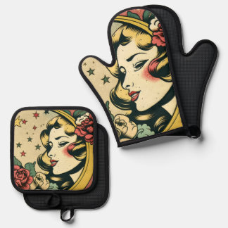 Retro 50er Style Crescent Moon Lady Ofenhandschuh & Topflappen-Set
