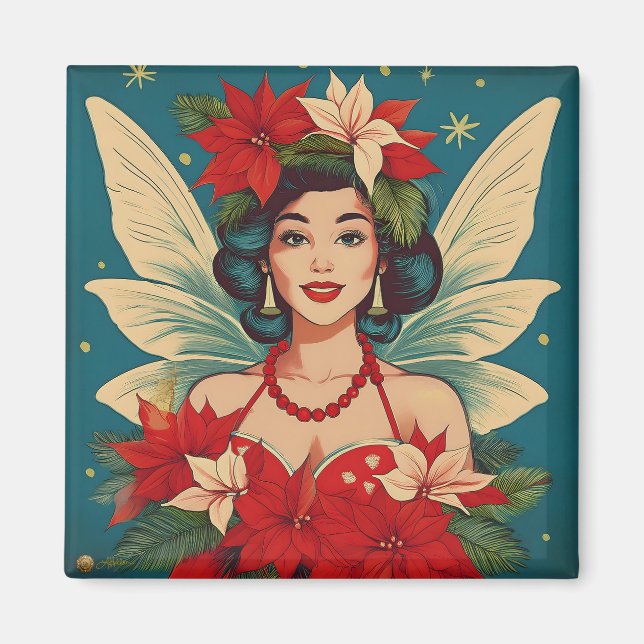 Retro 50er Tropical Christmas Button-Up Beauty Que Magnet (Vorne)
