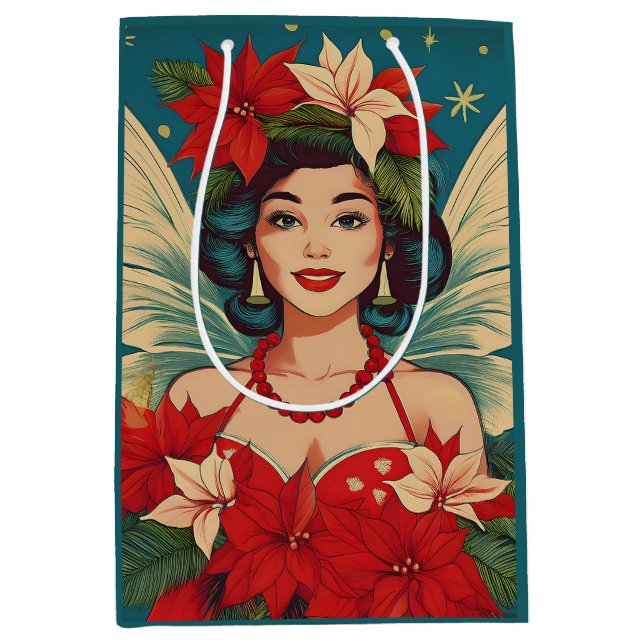 Retro 50er Tropical Christmas Button-Up Beauty Que Mittlere Geschenktüte (Vorderseite)