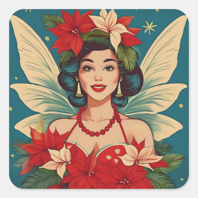 Retro 50er Tropical Christmas Button-Up Beauty Que Quadratischer Aufkleber (Vorderseite)