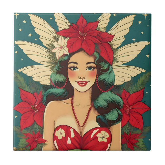 Retro 50er Tropical Christmas Button-Up Girl Fliese (Vorderseite)