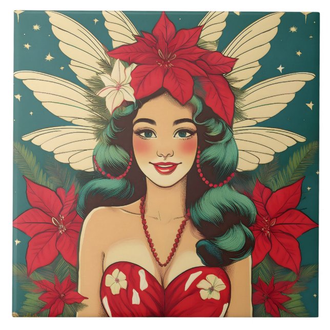 Retro 50er Tropical Christmas Button-Up Girl Fliese (Vorderseite)