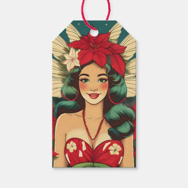 Retro 50er Tropical Christmas Button-Up Girl Geschenkanhänger (Vorderseite)