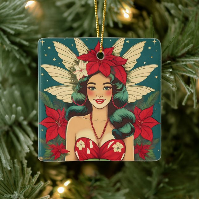Retro 50er Tropical Christmas Button-Up Girl Keramikornament (Baum)