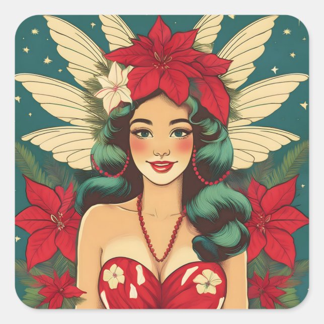 Retro 50er Tropical Christmas Button-Up Girl Quadratischer Aufkleber (Vorderseite)